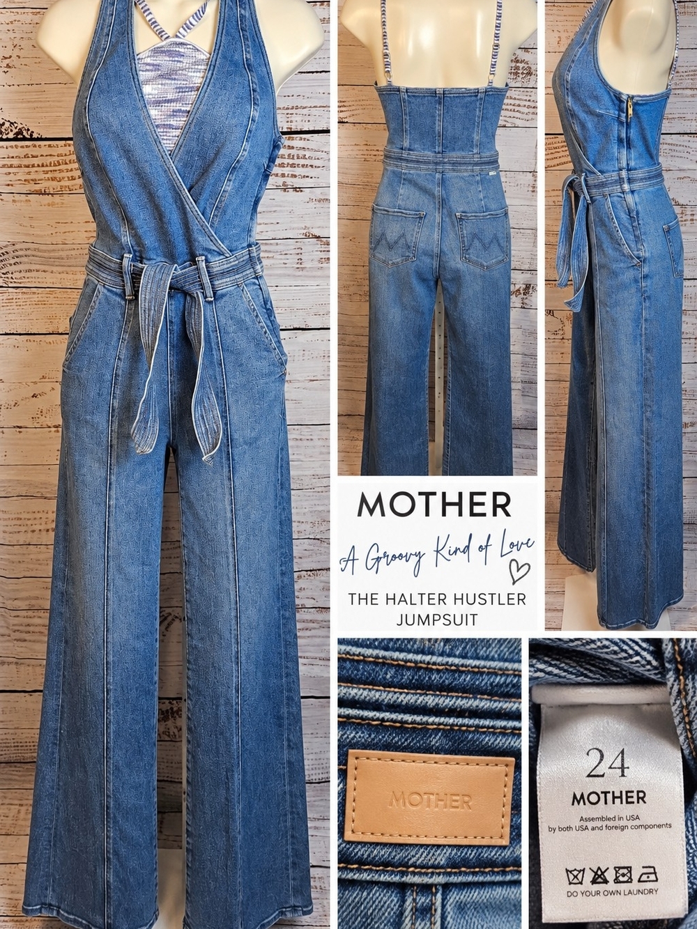 MOTHER Halter Hustler Denim Jean Jumpsuit Ankle 24 A Groovy Kind of Love